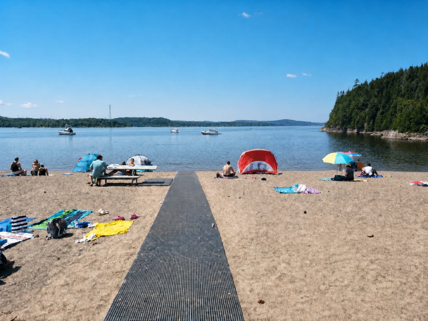 An accessibility mat rolled across the sand to the water at a busy public beach, giving everyone a path to the shoreline