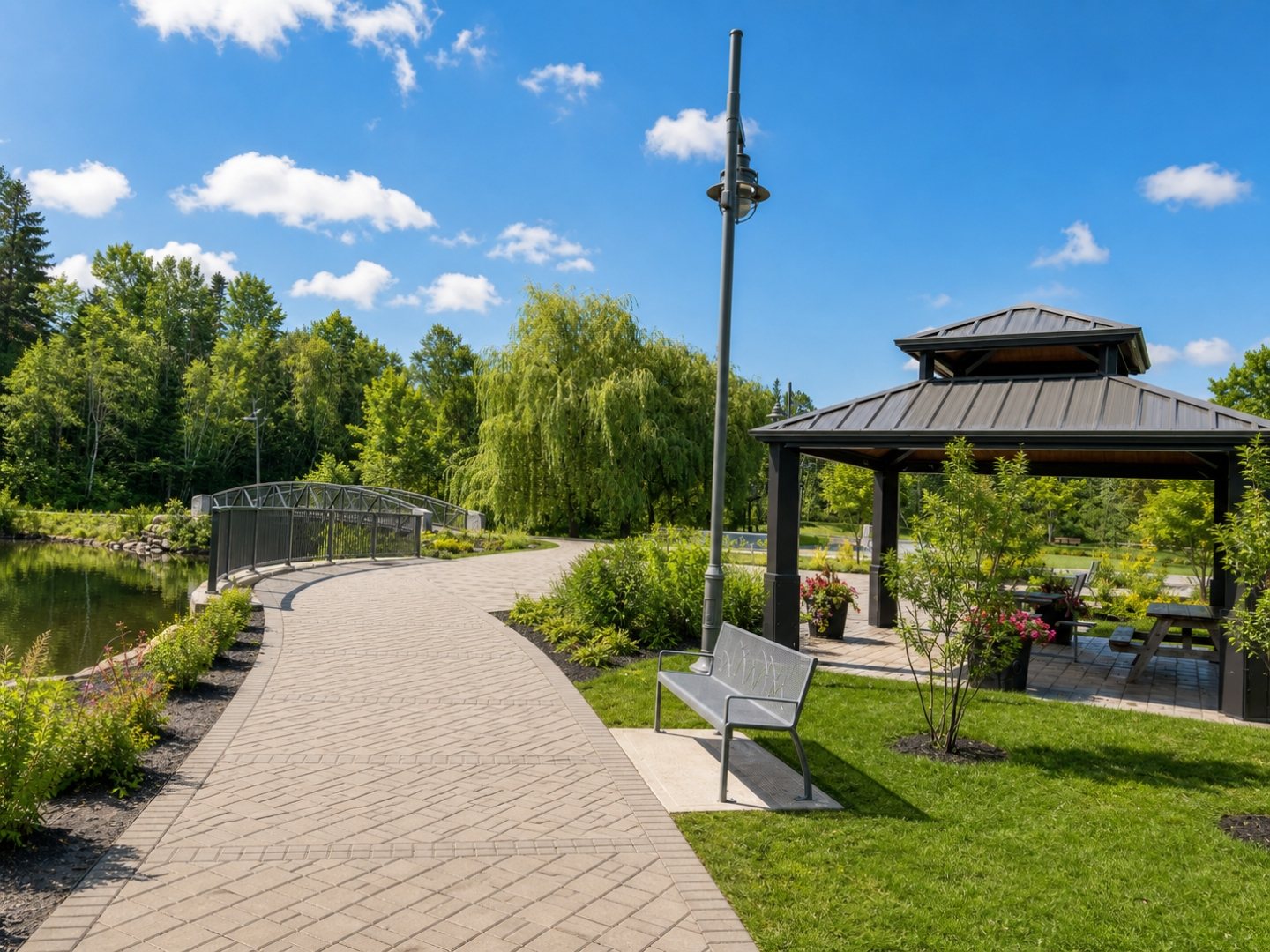 Centennial Park Lower Bowl pathway, prefabricated bridge and covered shelter